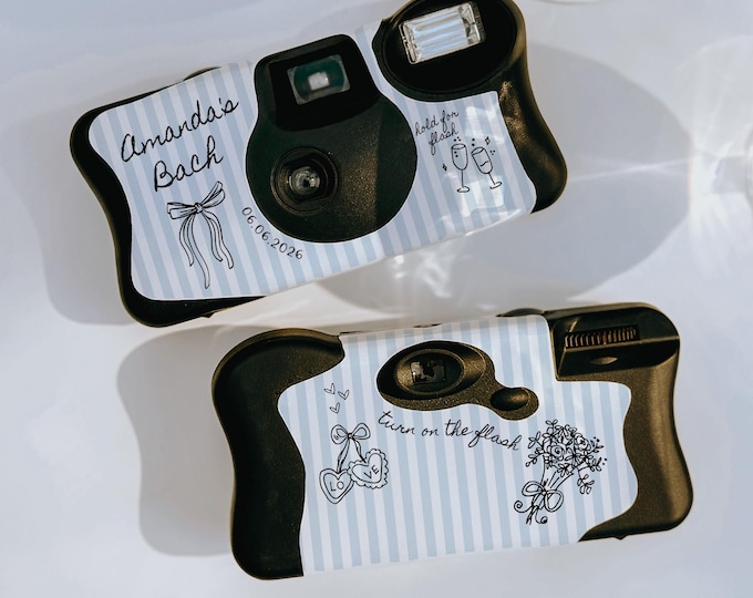 Striped Disposable Camera Label with Bows and Bachelorette Theme • Sticker Only