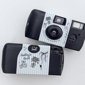 Striped Disposable Camera Wrap with Bows and Bachelorette Theme • Sticker Only