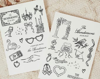 Wedding Temporary Tattoos • 50 Tattoos • Matches, Bows, Cake, Custom Name Tattoos