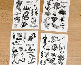 Wedding Temporary Tattoos • 50 Tattoos • Punk, Traditional Style, Custom Name Temp Tattoos