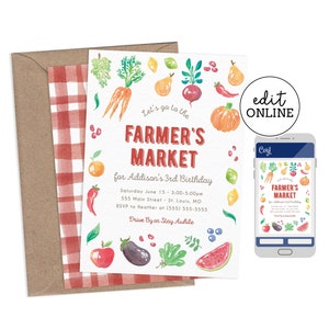 Printable Farmer's Market Birthday Invitation Template • Edit Yourself Online • Editable Printable Birthday Party Template