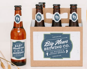 Pregnancy Announcement Beer Carrier Kit with Custom Beer Labels • A Baby Is Brewing • Grandpa-To-Be Gift