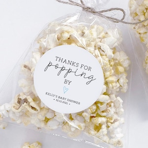 Printed Glossy Circle Labels • Thanks For Popping By • Popcorn Bag Labels Wedding or Shower Favor Gift Popcorn Tag