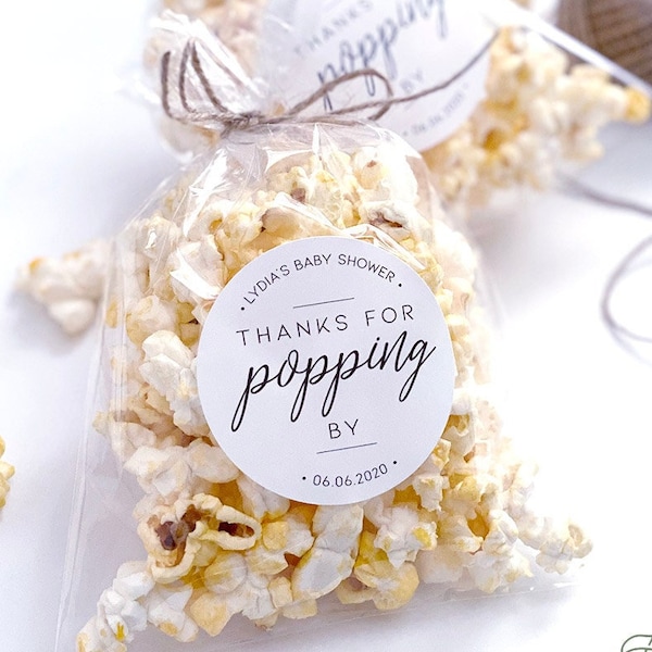 Printed Glossy Circle Labels • Thanks for Popping By • Popcorn Bag Labels Wedding or Shower Favor Gift Shower Favor Popcorn Tag