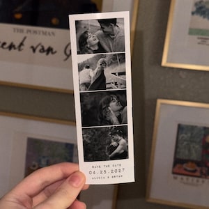 May include: A vertical black and white photo strip featuring four distinct frames of a couple in various poses. The bottom section includes the printed text SAVE THE DATE 04.25.2027 ALICIA & BRYAN in a clean, sans-serif font on a white background.