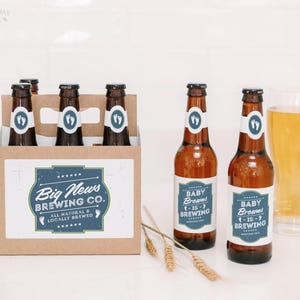 May include: A cardboard six-pack carrier and two amber glass beer bottles with white labels featuring blue text that reads Big News Brewing Co. and Baby Browns Is Brewing, decorated with small white baby footprint icons and wheat stalks.