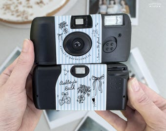 Striped Disposable Camera Wrap with Bows and Bachelorette Theme • Sticker Only