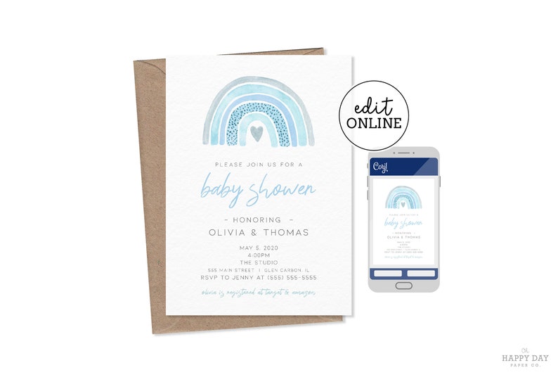 Printable Rainbow Baby Shower Invitation \u2022 Edit Yourself Online \u2022 Editable Template Baby Boy Shower Invite