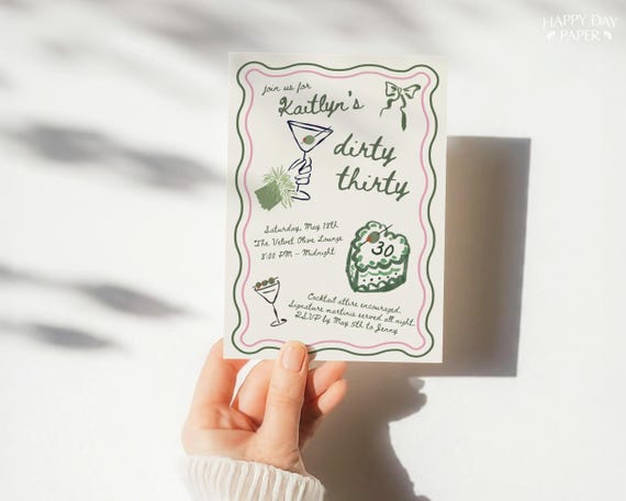 Dirty 30 Martini Birthday Invitation Template (Canva Editable, Digital Download)