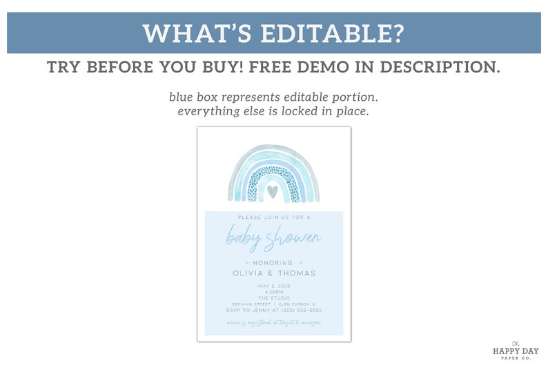 Printable Rainbow Baby Shower Invitation \u2022 Edit Yourself Online \u2022 Editable Template Baby Boy Shower Invite