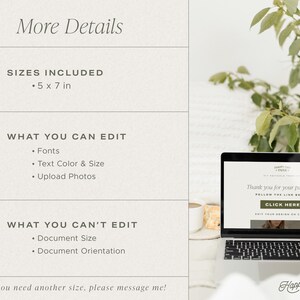 May include: A laptop displays a website with the text "Thank you for your purchase!" and a "Click Here" button. The image also includes a coffee cup, a plant, and text detailing editable features like fonts and text size. The sizes included are 5 x 7 in.