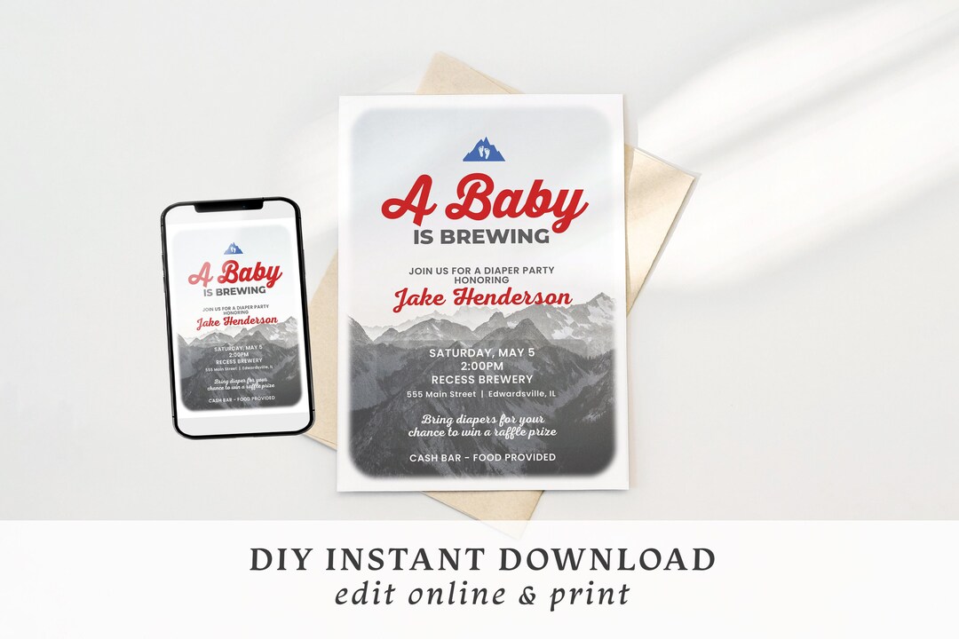 Printable or Digital Diaper Party Invitation Template A Baby is Brewing Edit Yourself Online