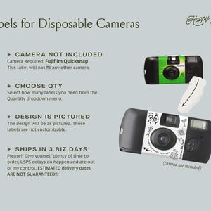 May include: Labels for disposable cameras with text that reads "Labels for Disposable Cameras" and "Happy Day Paper". The image shows two disposable cameras with decorative labels. One label is green, and the other is white with black illustrations.