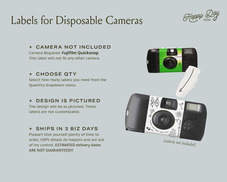 May include: Labels for disposable cameras with text that reads "Labels for Disposable Cameras" and "Happy Day Paper". The image shows two disposable cameras with decorative labels. One label is green, and the other is white with black illustrations.