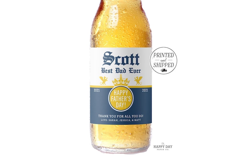 This beer label offers you to add your personalization, including his name, any text you want and your name. It has 4" wide  x 3" tall, so it fits most standard beer bottles.