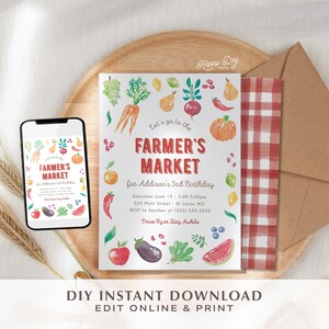 Printable Farmer&#39;s Market Birthday Invitation Template • Edit Yourself Online • Editable Digital Birthday Kids Party Invite Template