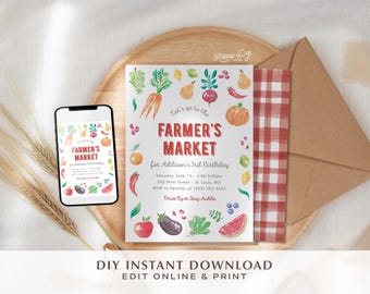Printable Farmer&#39;s Market Birthday Invitation Template • Edit Yourself Online • Editable Digital Birthday Kids Party Invite Template