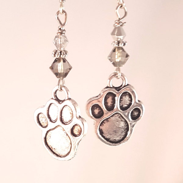 Antique Silver Pawprint Charm Earrings with Smoky Gray & Light Gray Swarovski Crystals, Pawprint Jewelry, Gray Jewelry, Grey Jewelry, Gifts