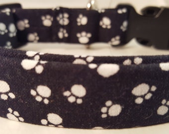 Pawprint Dog Collar, Black and White Cotton Fabric