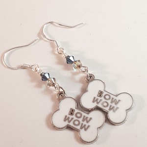 White Enamel BOW WOW Earrings with Rainbow Swarovski Crystals, Rainbow jewelry, dog jewelry, Swarovski Crystal Earrings, Dog Earrings, Gifts