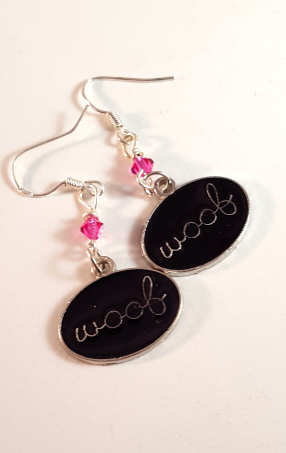 Bright Pink Swarovski Crystal Black Enamel WOOF Earrings, Dog