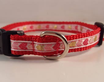 Red Small Adjustable Collar w Multicolored Pink & Gold Hearts, Red Heart Dog Collar, Valentine Collar, Gifts for Dog Lovers, Custom Dog Gift