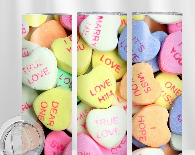Valentine’s Day Tumbler, Nostalgic Candy Tumbler, Romantic Tumbler, Valentine's Day Gifts, 20oz Tumblers, Candy Heart Tumbler