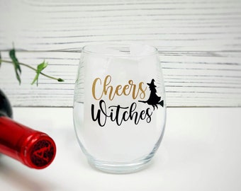 Personalized Stemless Wine Glass, Halloween Wine Glass, Fall Wine Glass, Holiday Gift, Cheers Witches