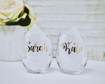 Personalized Stemless Wine Glass| Custom Monogrammed Bridesmaid Gift| Customized Name of Bridal Party Glasses