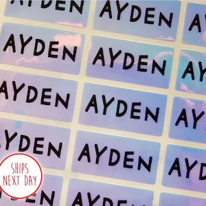 Blau Hologramm wasserdicht Namen Aufkleber für Schule Kindertagesstätte & Kinder Etiketten - Medium benutzerdefinierte spülmaschinenfest personalisierte Name Aufkleber Hanprinting