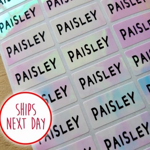 Stickers prénoms holographiques roses imperméables pour garderie et école - Lavables au lave-vaisselle Étiquettes personnalisées pour enfants Stickers professionnels personnalisés Hanprinting