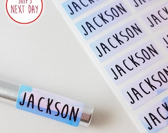Blue Hologram Name Stickers: Small Waterproof Personalized Labels