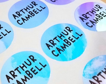 36 Circle Blue Hologram Labels - Circular Waterproof Name Stickers- Daycare Labels- School Labels Hanprinting