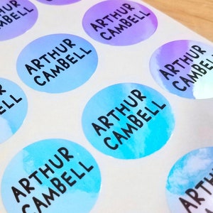 36 Circle Blue Hologram Labels - Circular Waterproof Name Stickers- Daycare Labels- School Labels Hanprinting