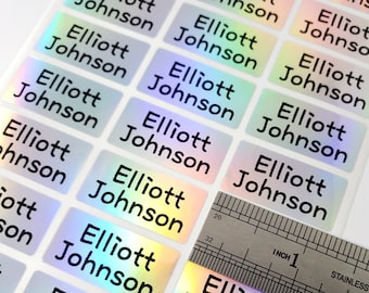 Medium Silver Hologram Name Stickers: Waterproof School & Daycare Labels