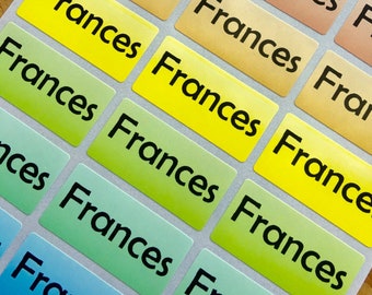 May include: A sheet of colorful rectangular stickers with the name "Frances" printed in black. The stickers are in various colors, including pink, orange, yellow, green, and blue. The stickers are arranged in rows and columns.