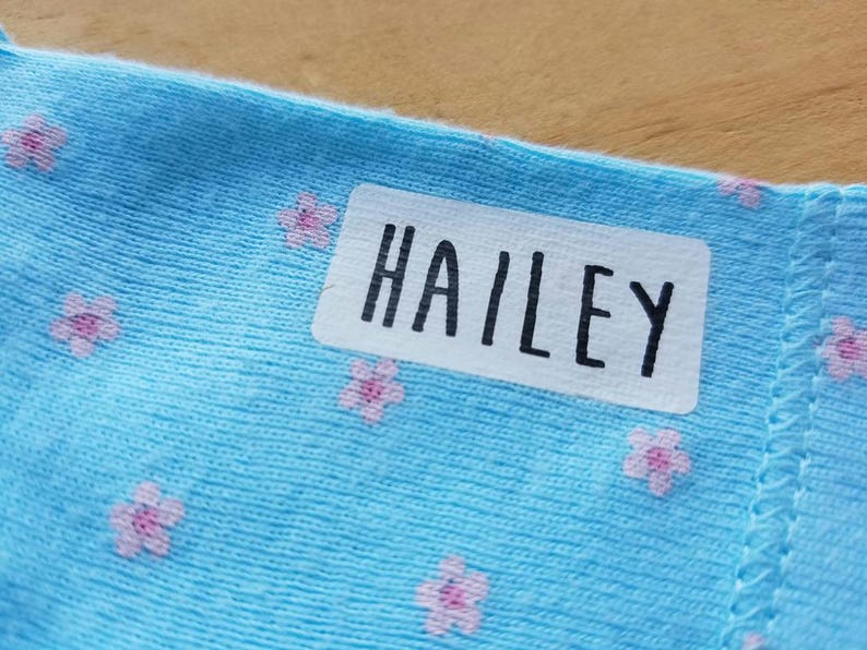 May include: A light blue fabric featuring a repeating pattern of small pink flowers. A rectangular white label is attached to the surface, displaying the name HAILEY printed in bold, black, sans-serif capital letters across the center.