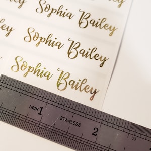 Stylish Gold Ink Clear Waterproof Name Stickers for Business School & Daycare Labels- Long Custom Personalized Label elegant beautiful amazing name stickername label HanPrinting