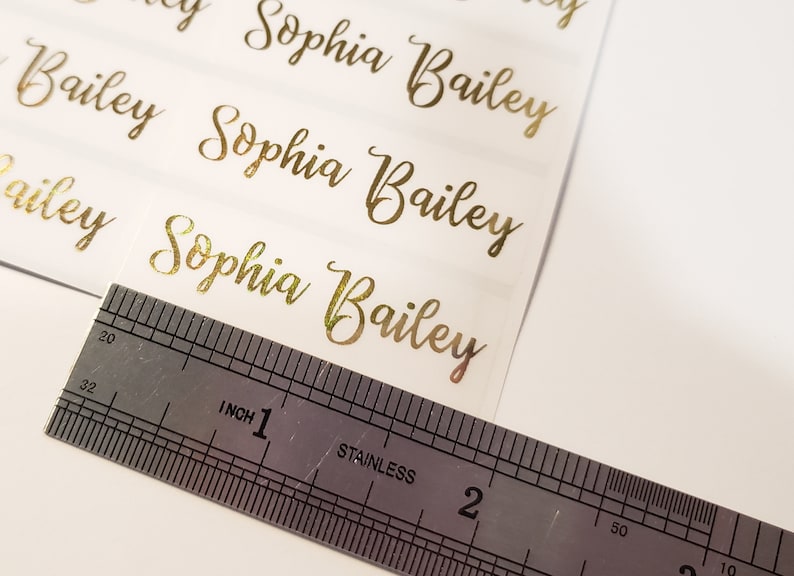 Stylish Gold Ink Clear Waterproof Name Stickers for Business School & Daycare Labels- Long Custom Personalized Label elegant beautiful amazing name stickername label HanPrinting
