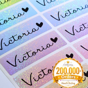 Glitter Rainbow Waterproof Long Name Stickers: Personalized Kids HanPrinting Labels 1.81" x 0.5625"
