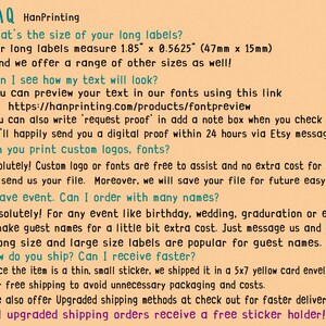 May include: FAQ sheet from HanPrinting, with answers about label sizes (47mm x 15mm), custom logos, and event name labels. Includes a link to preview fonts and information about shipping and free sticker holders.