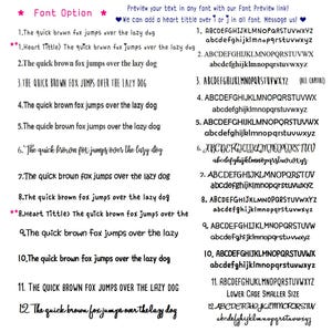 May include: A white background displays font options with the phrase "The quick brown fox jumps over the lazy dog" in various styles. Includes uppercase and lowercase alphabets, and the text "Font Option" at the top.