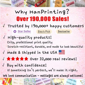 May include: An advertisement for HanPrinting featuring various personalized labels with names like "Victoria" and "Elliott Johnson." The image highlights "Over 190,000 Sales!" and "Made & shipped in the USA."