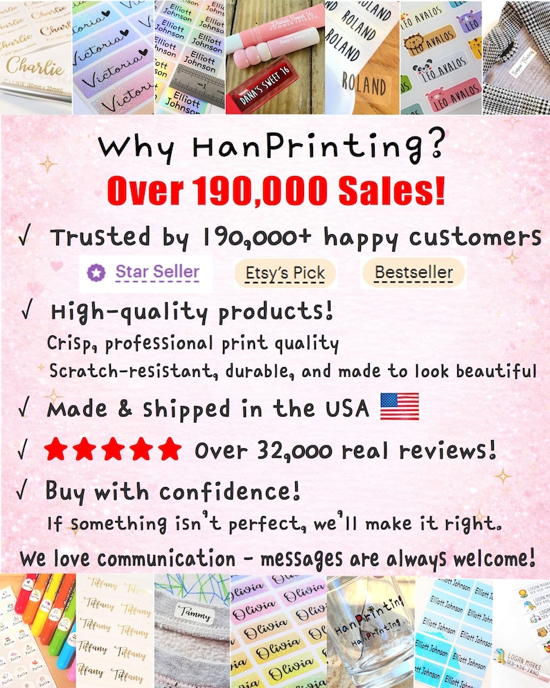 May include: An advertisement for HanPrinting featuring various personalized labels with names like "Victoria" and "Elliott Johnson." The image highlights "Over 190,000 Sales!" and "Made & shipped in the USA."