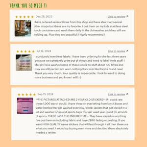 May include: Image of customer reviews with text that reads "THANK YOU SO MUCH !!" and includes customer feedback about labels and stickers. The reviews mention the quality and durability of the product.