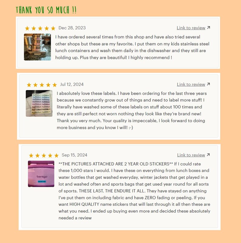 May include: Image of customer reviews with text that reads "THANK YOU SO MUCH !!" and includes customer feedback about labels and stickers. The reviews mention the quality and durability of the product.