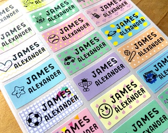 72 Waterproof Name Stickers- Daycare Labels- Pastel Print Kids labels- Boy Icon Designs - Medium Size- Multicolor Stickers