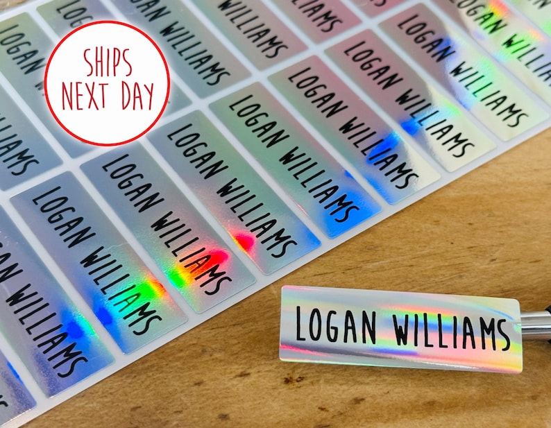 Long Silver Hologram Waterproof Dishwasher Safe Name Stickers for Kids & Daycare Labels- School Label Rectangle Label Bestseller Hanprinting