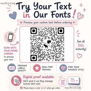 May include: A promotional graphic featuring a central QR code with a small dinosaur icon, surrounded by text including Try Your Text in Our Fonts, Scan with your phone camera to preview your text, and Digital proof available with pink accents.