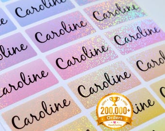 Glitter Rainbow Medium Name Stickers: Waterproof Personalized School Labels